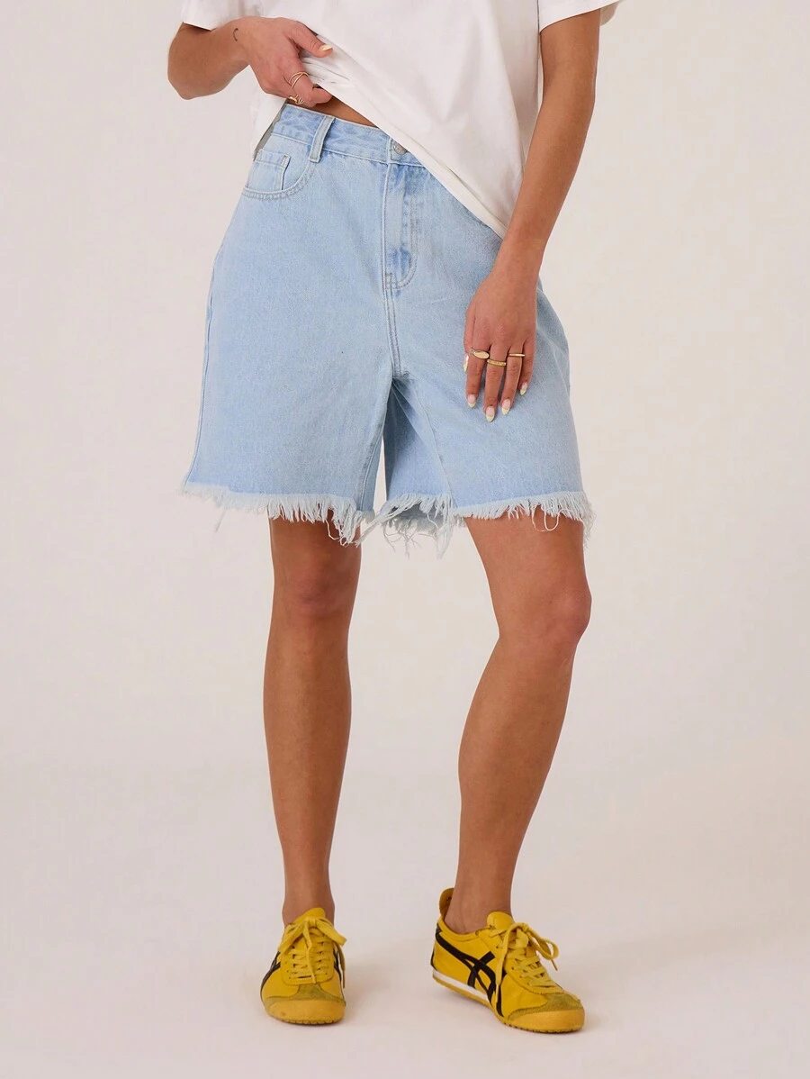 MUSERA Denim Frayed Hem Turn Up Shorts Spring 90's Cute Summer