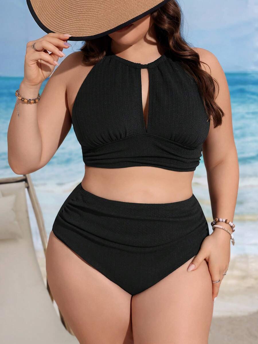Swim Lushoire Ensemble bikini grande taille à encolure ras-du-cou couleur unie pour femme avec bas séparés pour plage d'été