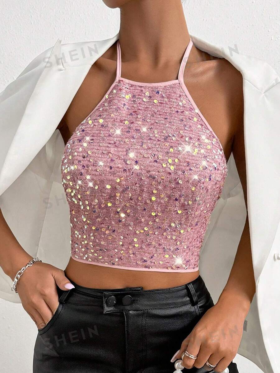 Allurite Top brillante sin espalda con ataduras en la espalda para mujer, perfecto para festivales de música en verano y ropa para fiestas de vacaciones