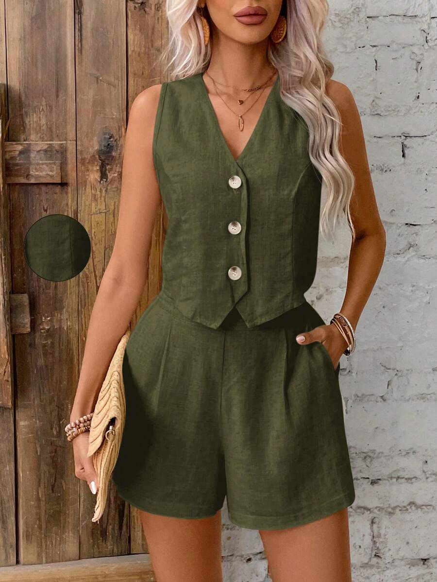 SHEIN Frenchy 2pcs Women V-Neck Sleeveless Button Blouse And Loose Casual Shorts Set Two-Piece V-Neck Vest Suit