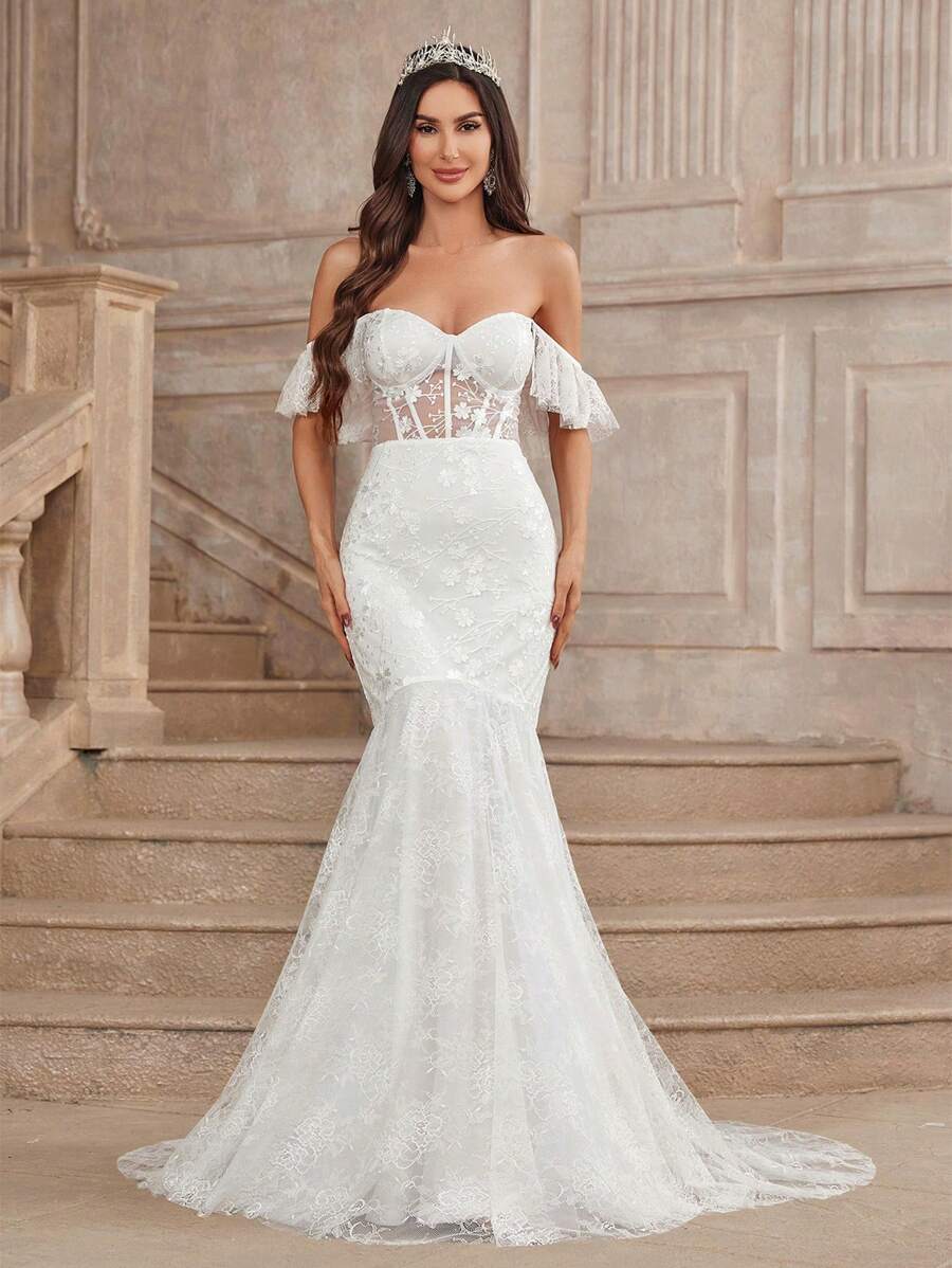 SHEIN Belle Elegant, Gorgeous And Sexy Off-Shoulder Off-Shoulder Ruffled Sleeves, Patchwork Stretch Lace Details, Paired With A Classic French Sheer Lace Top, With Herringbone Breast Cups And Matching Fishnet Tulle Lace Mermaid Dress, Suitable For Weddings, Festivals, Proms, Bachelorette Parties, Extra-Long Tail Wedding Dresses White Bridal Dress
