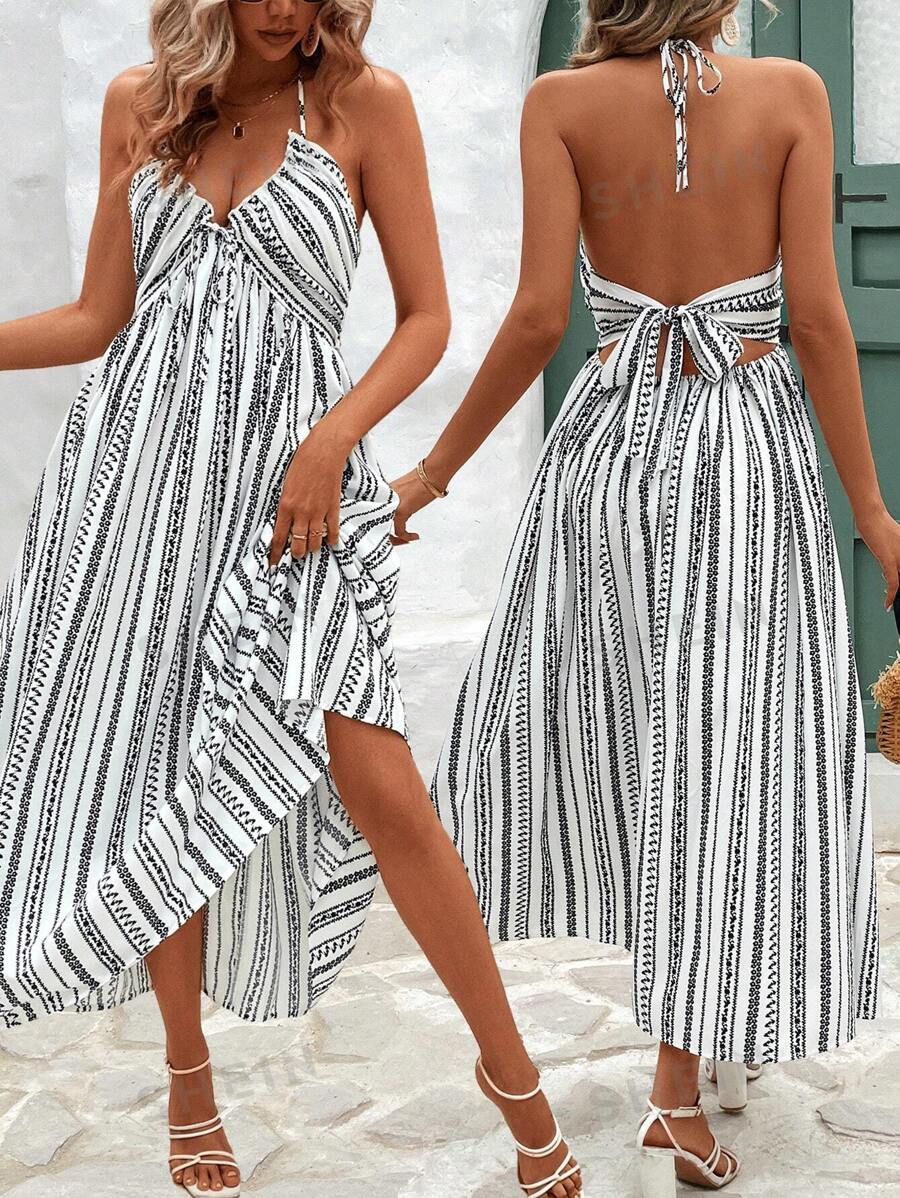 SHEIN Frenchy Vestido de verano de estilo nacional blanco con estampado de rayas para concierto campestre. Vestido largo con cuello halter, tirantes frontales y escote en V profundo. Vestido casual de vacaciones con bloque de color y rayas, con espalda descubierta y bajo con vuelo