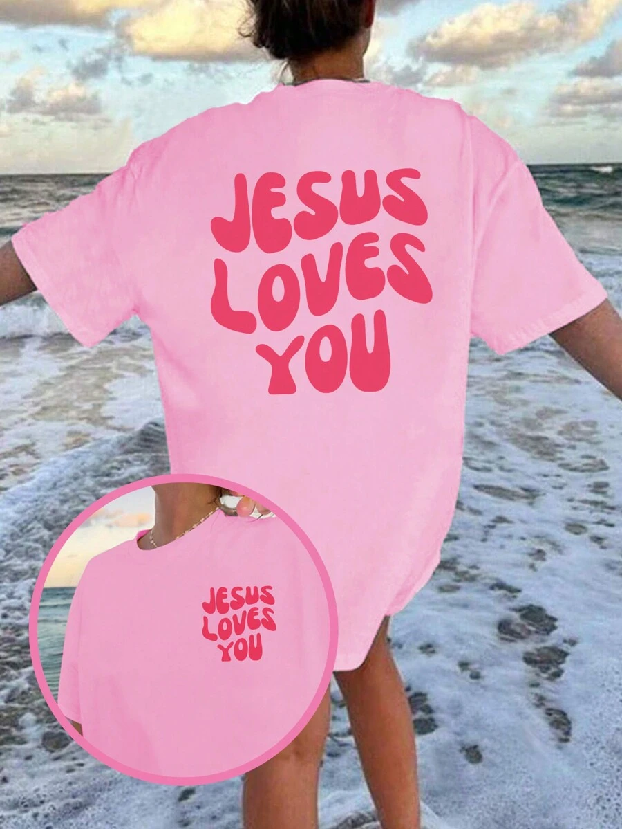 INAWLY Women's Oversized Beach Slogan Printed T-Shirt For Summer JESUS LOVES YOU Graphic Tees Women Tops