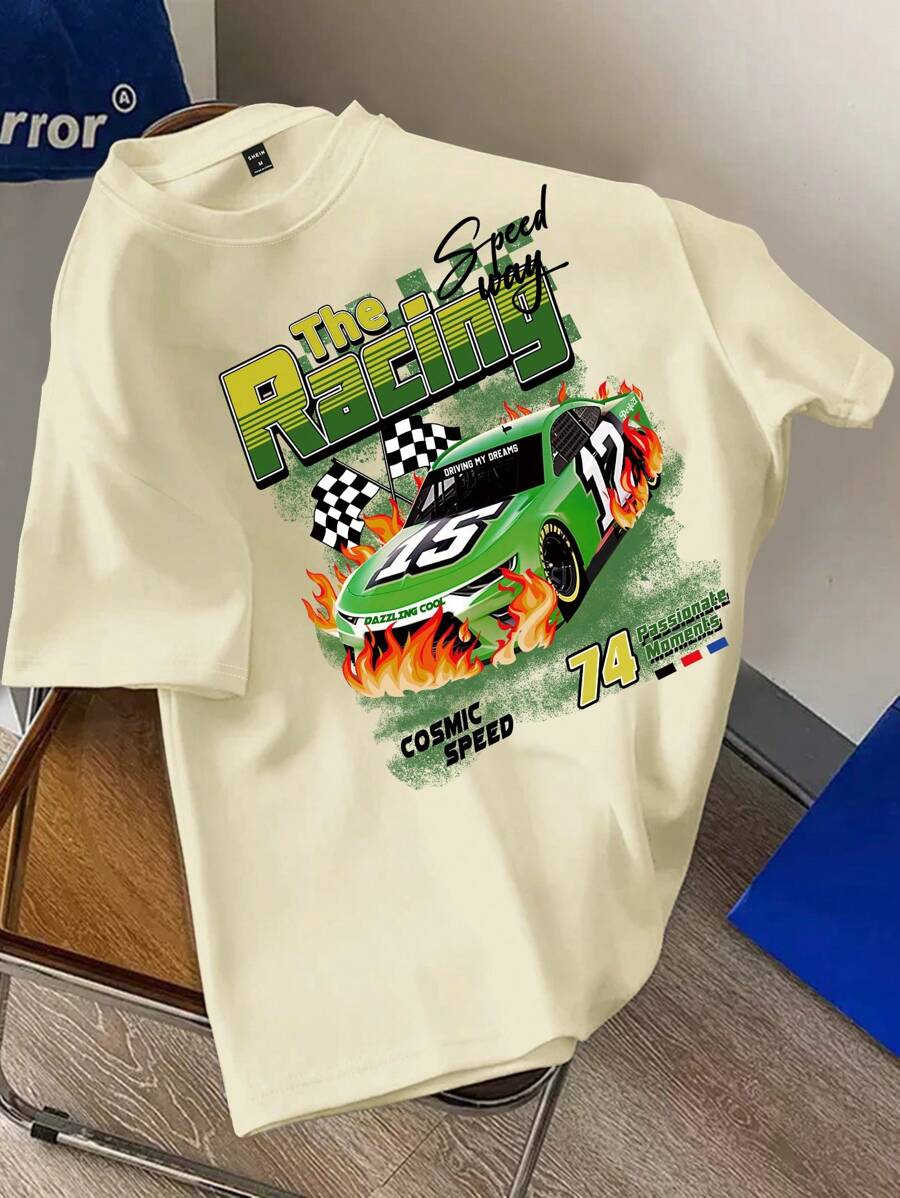 Manfinity EMRG Camiseta de manga corta con cuello redondo, estampado de coche de carreras y letras para verano