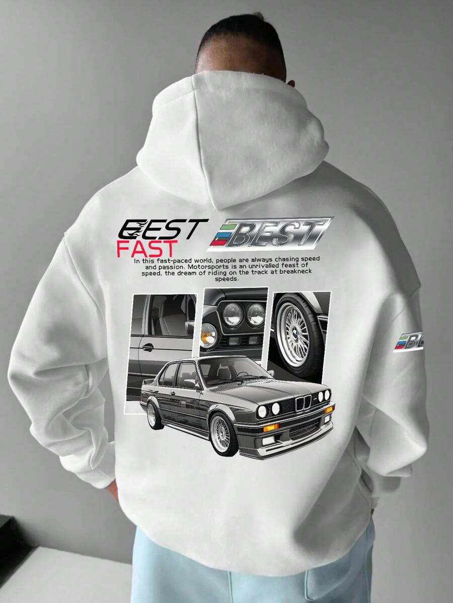 Manfinity EMRG Felpa casual con cappuccio da uomo con stampa di slogan auto e coulisse