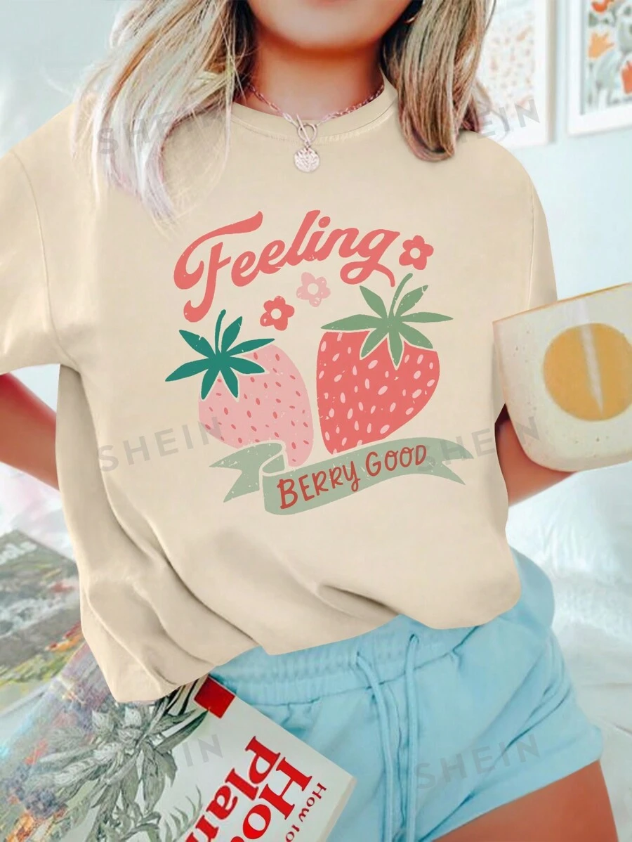 INAWLY Camiseta casual de manga corta para mujer de talla grande de verano con impresión de letras y fresas