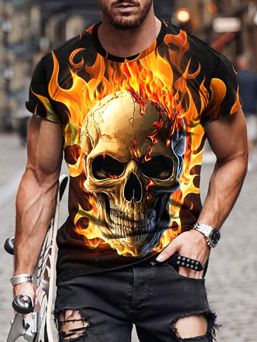 Men's Summer Skull & Flame Print Round Neck Short Sleeve Casual T-Shirt