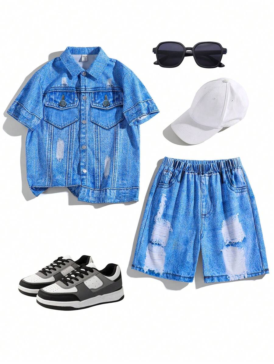 Tween Boy Casual Denim Effect Printed Turn-Down Collar Short Sleeve Shirt And Shorts Woven 2pcs Outfit Set