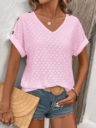 EMERY ROSE Women's Summer Solid Color V-Neck Batwing Sleeve Casual T-Shirt