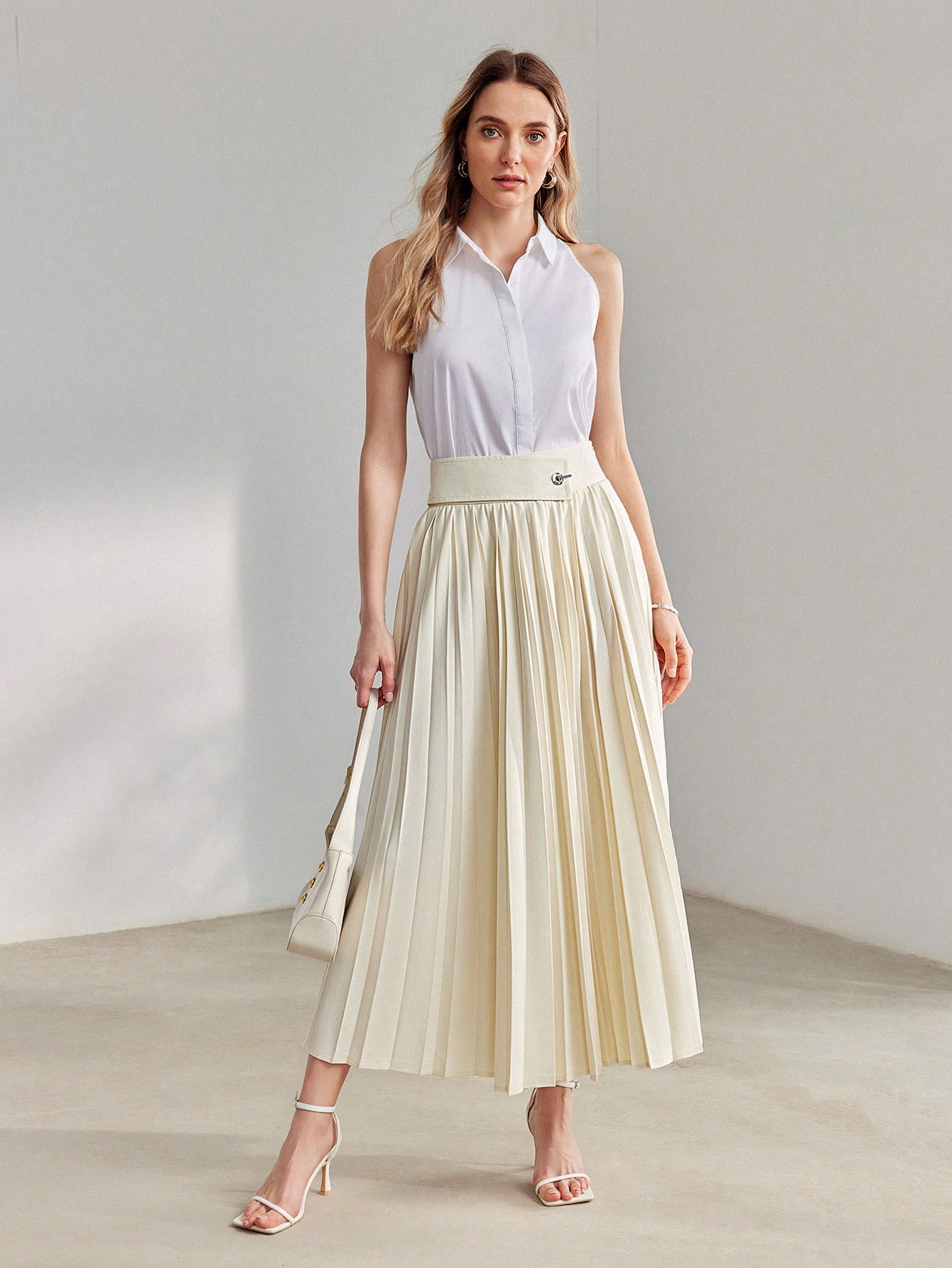 SOLID OVERLAY WAIST PLEATED SKIRT｜Motf