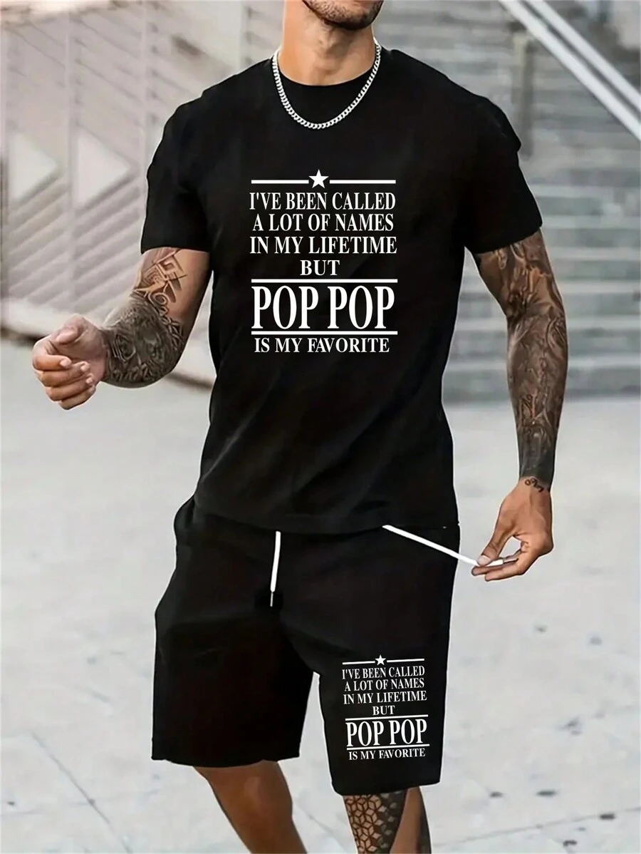 'Grandpa Is My Favorite' Letter Print Men's Casual Round Neck T-Shirt And Shorts Set For Outdoors