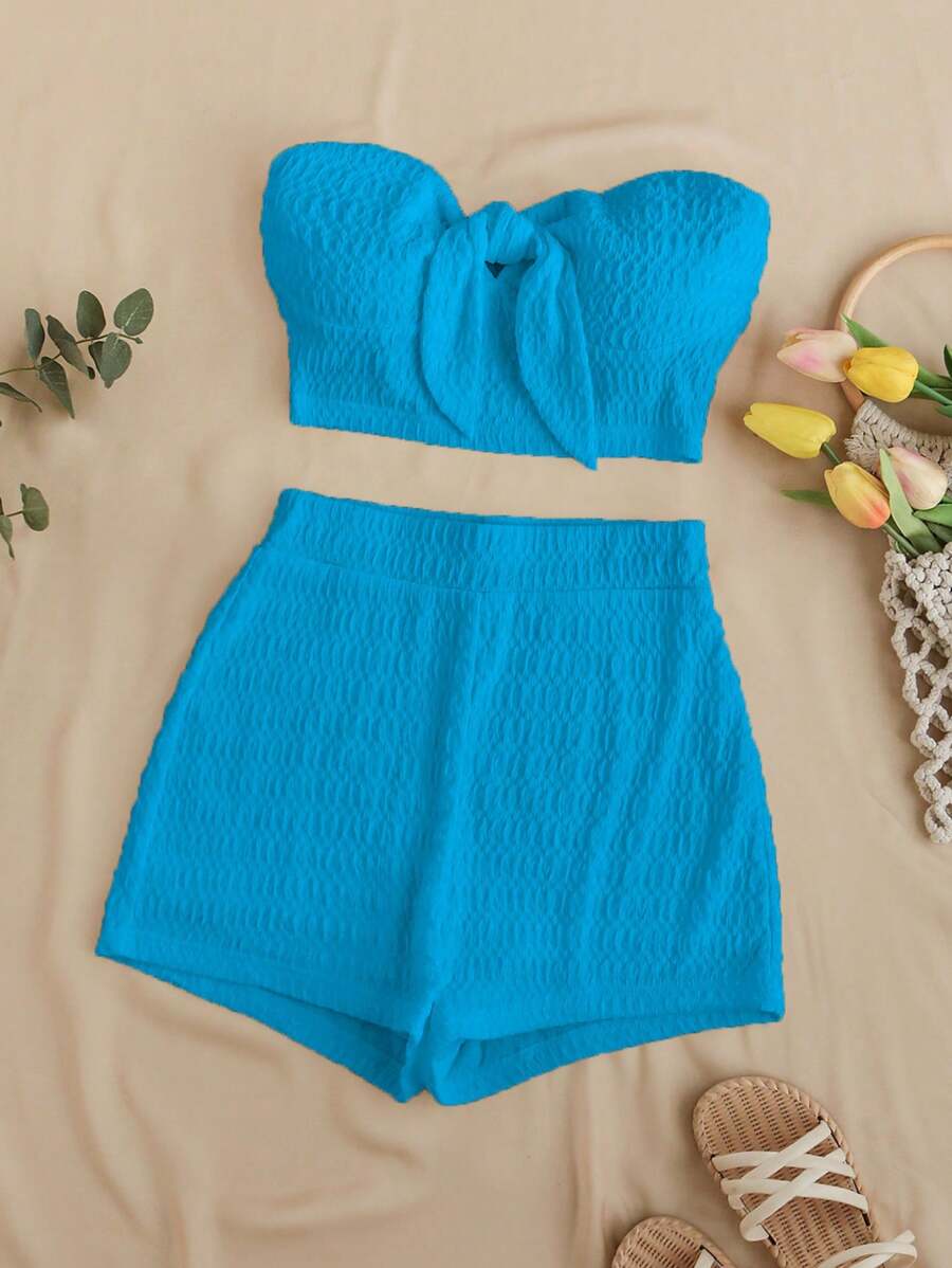 Soleia Summer Solid Texture Bandeau Top And High Waist Shorts Casual Vacation 2-Piece Set