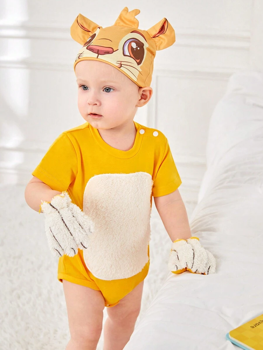 SHEIN 3pcs/Set Baby Boys' Casual Animal Lion Printed Playwear Costume Including Hat And Gloves, Spring/Summer
