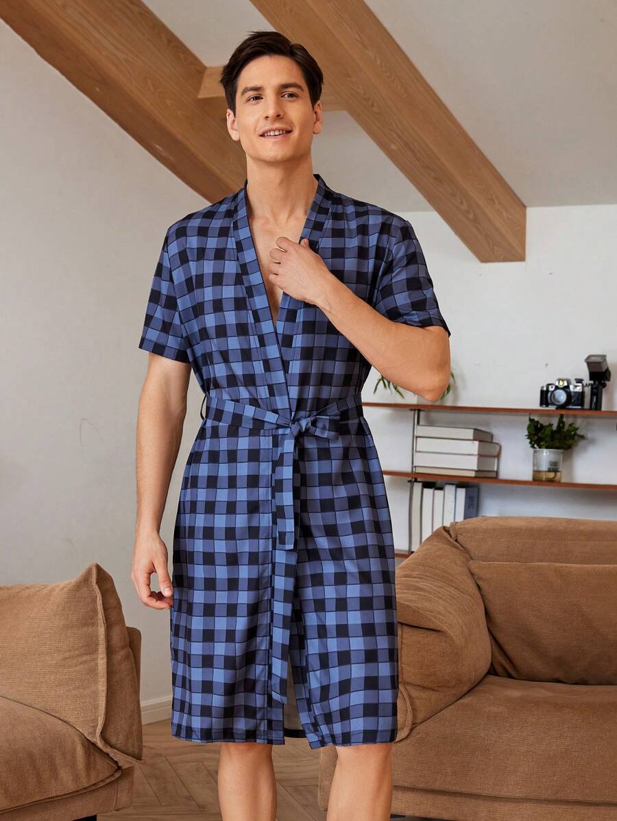 Robe d'intérieur décontractée à carreaux à manches courtes pour homme pour l'été