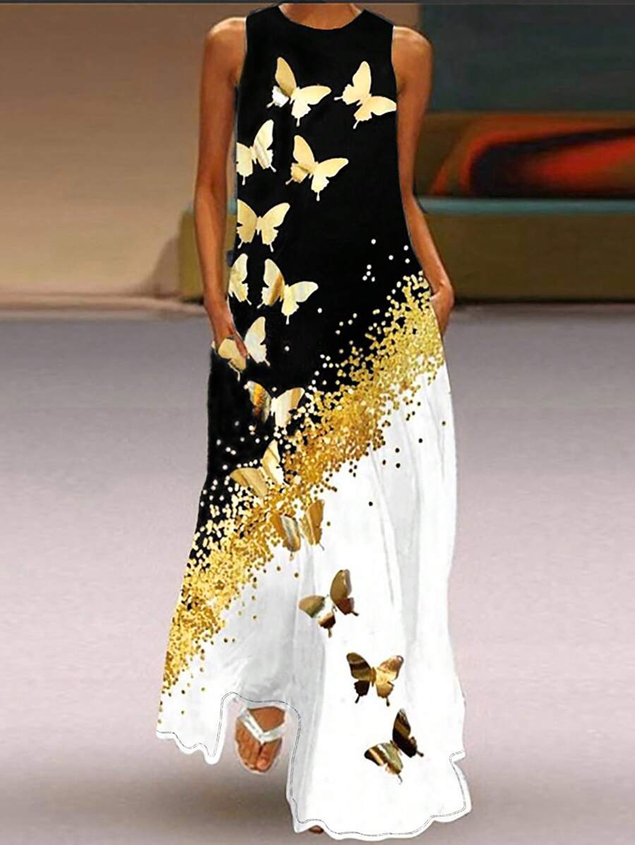 EMERY ROSE Women's Color Block Butterfly Print Dress Maxi Women Outfit