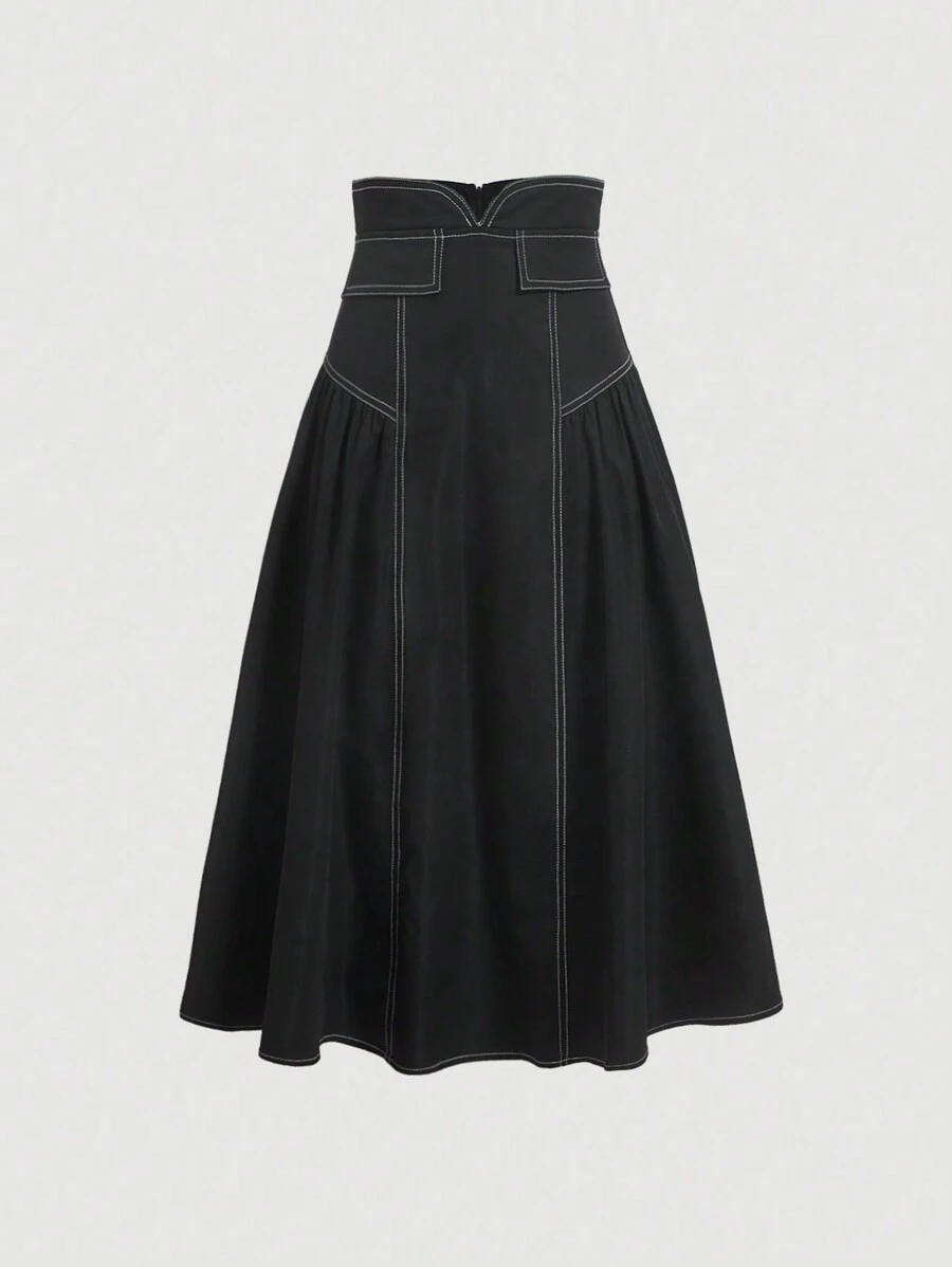SHEIN MOD Plus Size Women's High-Waist Waist-Cinching A-Line Colorblock Skirt With Contrast Piping