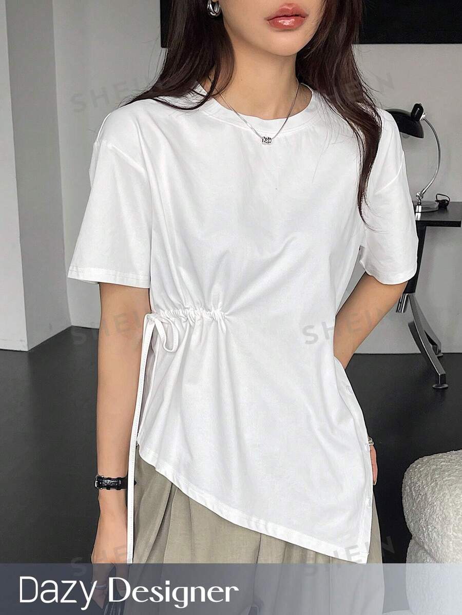 Dazy Designer Camiseta de mujer de unicolor con cuello redondo y diseño de lazo a la cintura para el verano