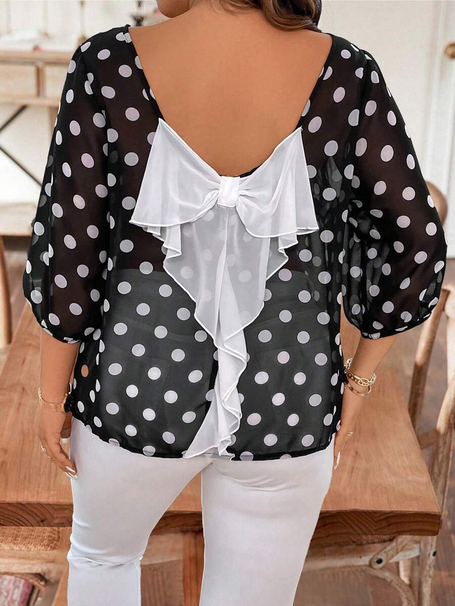 Celure Camisa casual de talla grande con lunares y estampados con decoración de lazo en la espalda, primavera/verano