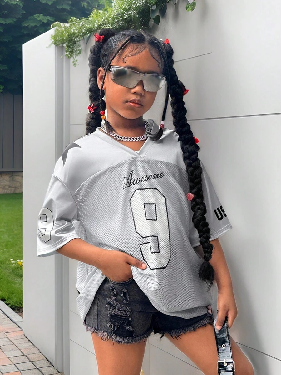 SHEIN Tween Girl Cool Street Style Mesh Splice Solid Color Loose Fit Short Sleeve Top For Spring And Summer