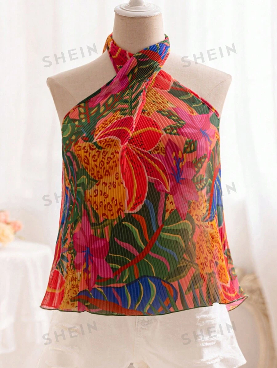 Soleia Blusa holgada con textura plisada, diseño de flores y hojas tropicales en colores vivos, con lazo cruzado en la espalda, para el verano y vacaciones de la mujer