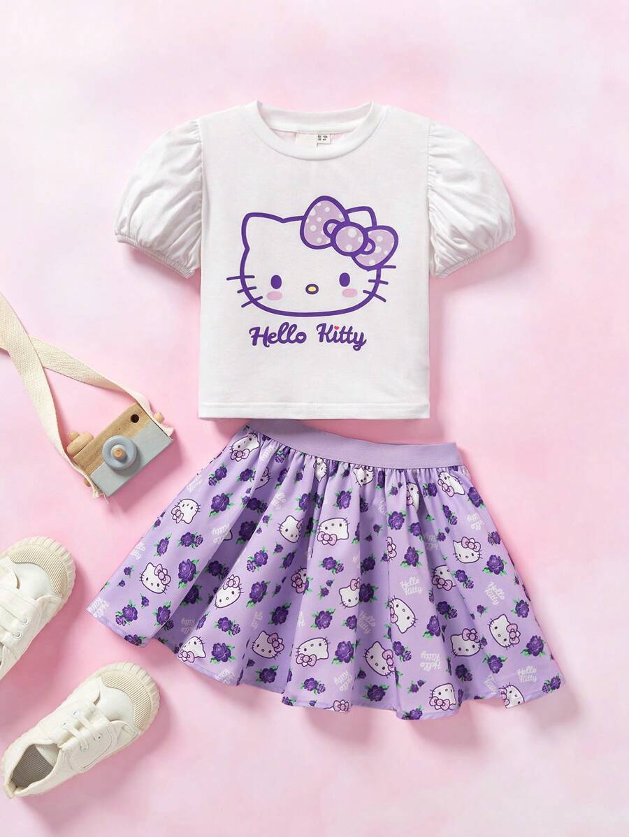 HELLO KITTY AND FRIENDS | SHEIN Young Girl Cute Casual Sweet Puff Sleeve Top And Cartoon Print Skirt Set Clothes