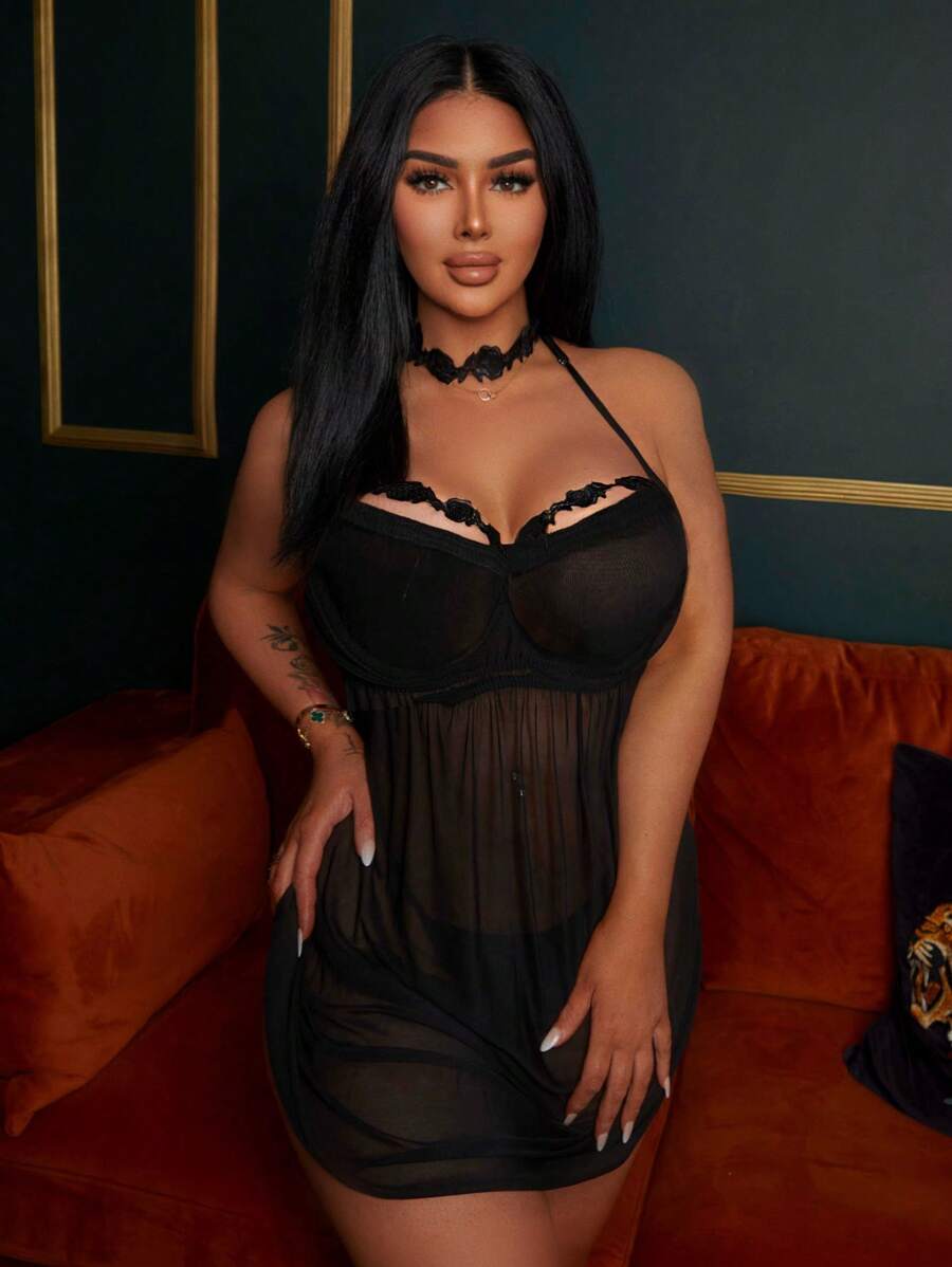 Classic Sexy Plus Size Women's Sexy Solid Color Mesh Spliced Halter Lingerie Dress With T-Back Panties