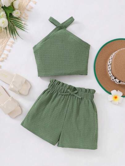Tween Girl Solid Color Knitted Halter Top With Wide Leg Casual Shorts Set