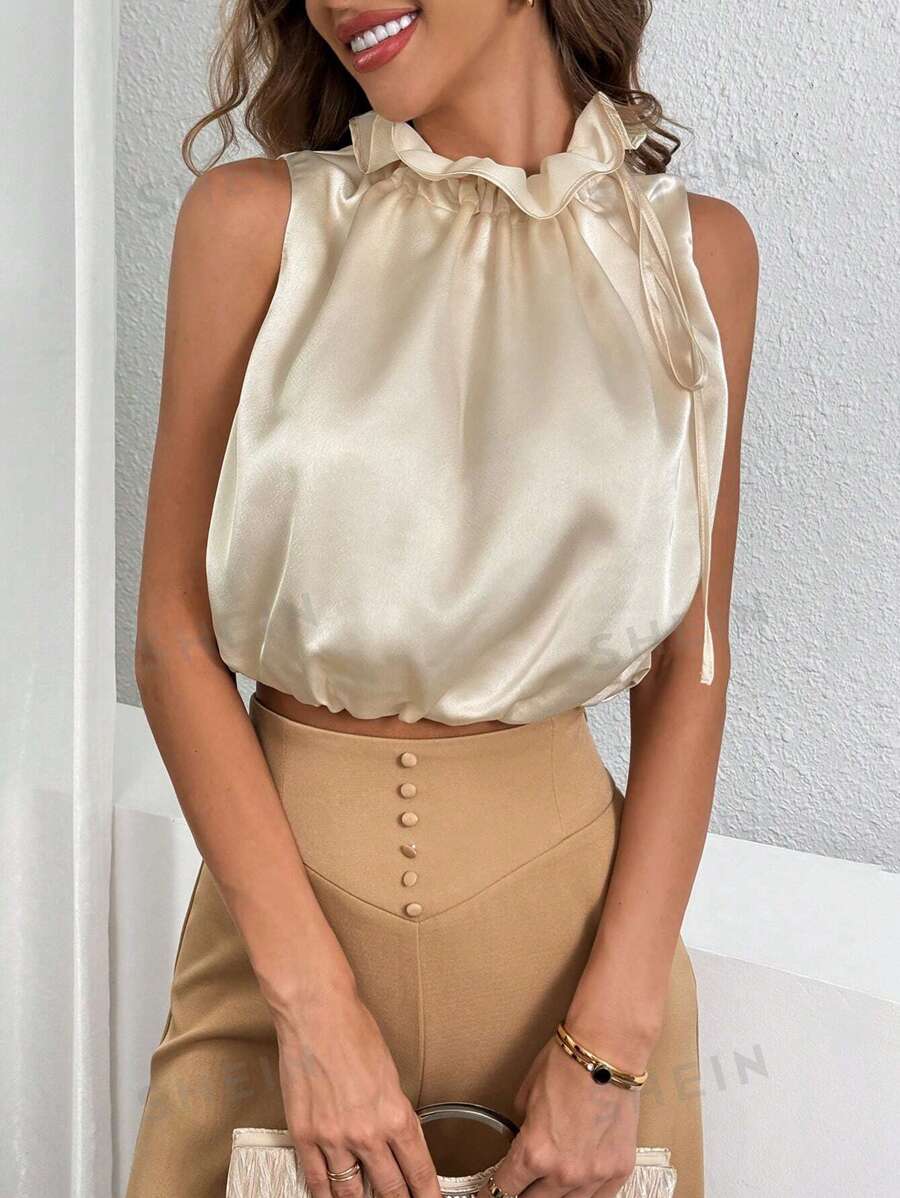 SHEIN Privé Blusa sin mangas elegante de unicolor para mujer con dobladillo con volantes, ideal para el verano