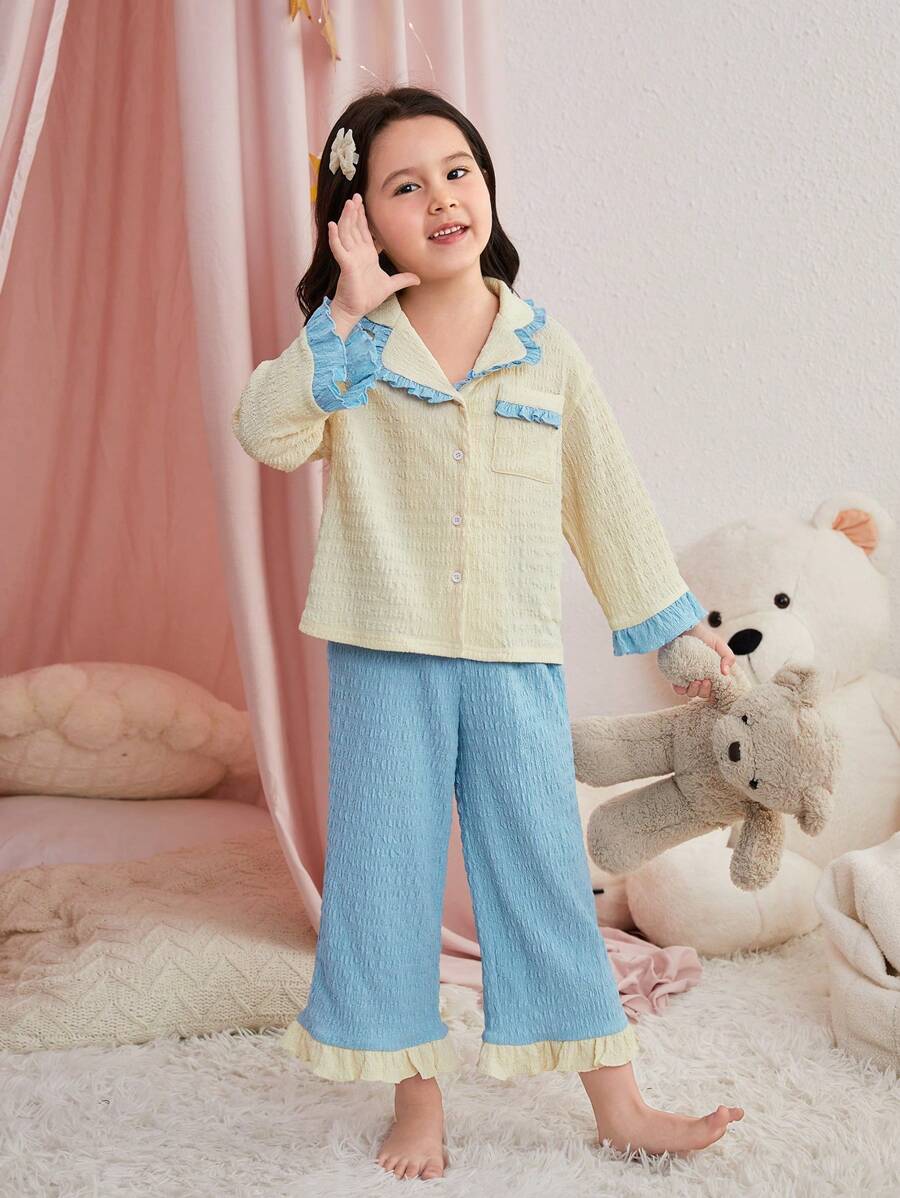 SHEIN Kleine Mädchen Prinzessin Stil Farbblock gestricktes Pyjama Set mit Spitzen Dekoration, Langarm Top und Hose, 2 Stücke