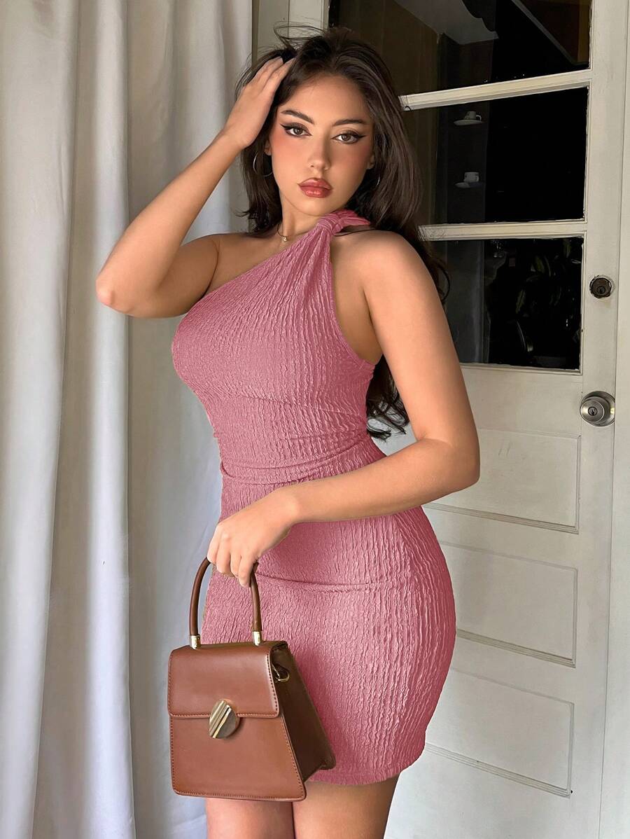 Firerie Vestido ajustado con cuello asimétrico y tejido texturizado de unicolor para el verano