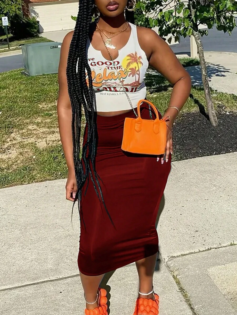Slaydiva Casual Round U-Neck Sleeveless Truncated Coconut Tree Letter Print Vest Mid-Length Dark Green Skirt Women's Two-Piece Set-C