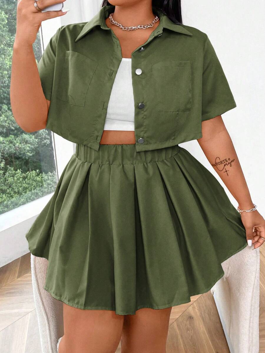 Flirla Plus Size Single-Breasted Solid Color Short Sleeve Top And Pleated Mini Skirt Set
