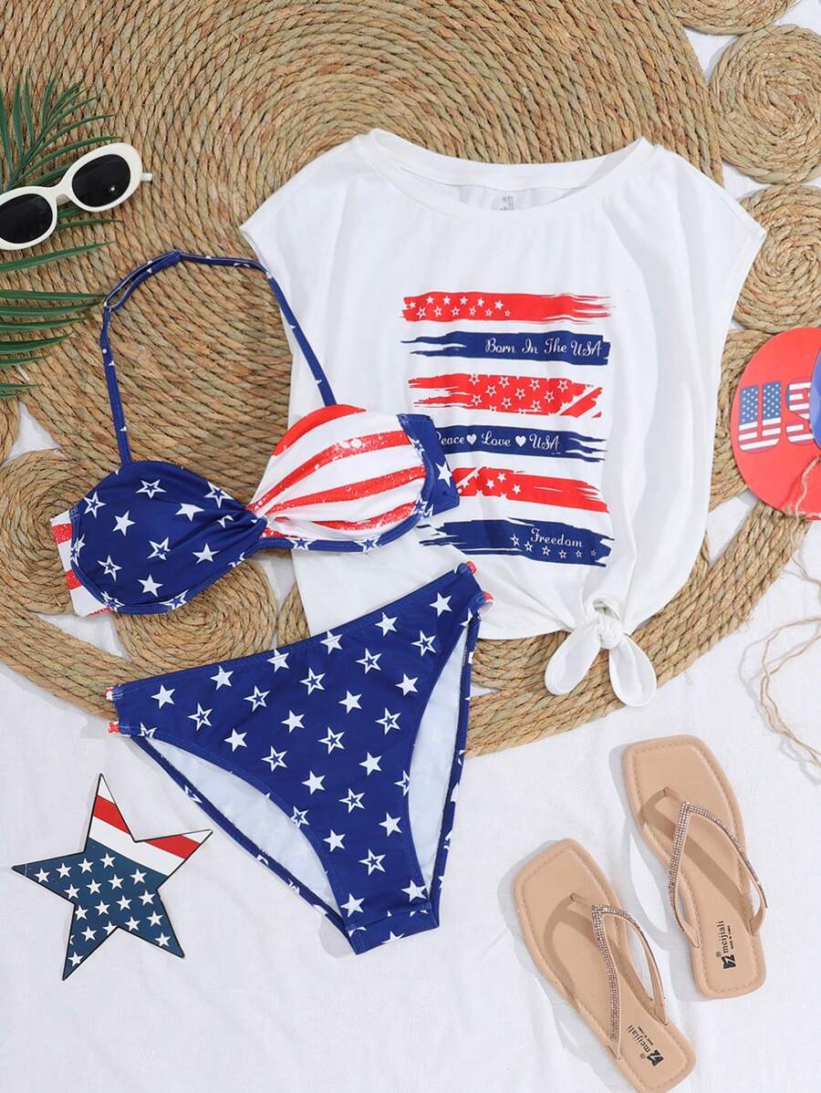 SHEIN Teen Girl's American Flag Stars Printed Bikini Set Bra & Swim Bottom & Beach Cover Up Top, 4th Of July Outfit, 3pcs