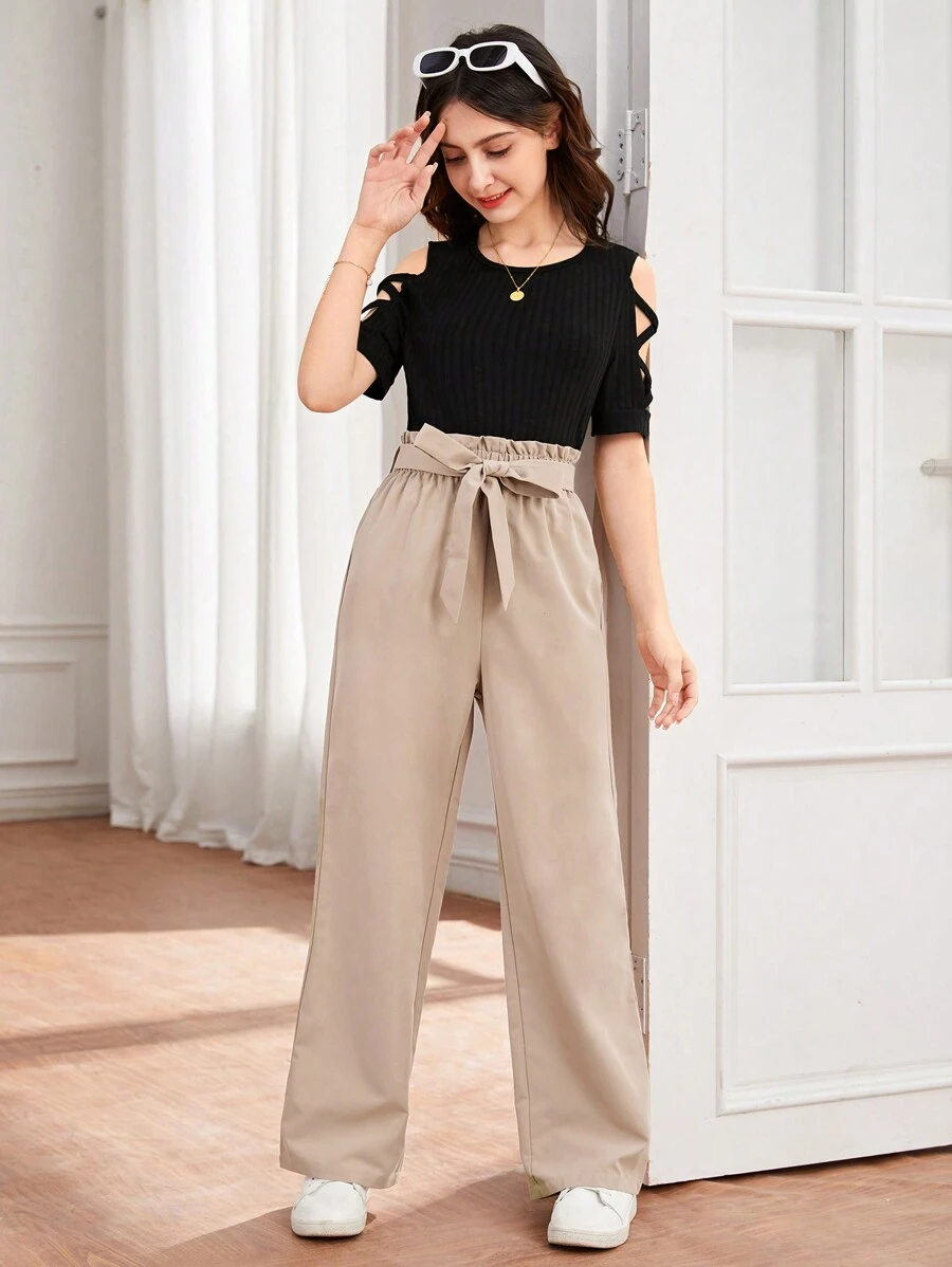 SHEIN Teen Girl, negru și kaki, cu mâneci încrucișate, pantaloni strâmți și cu picioare drepte, cu talie cu fundă Set 2 buc.
