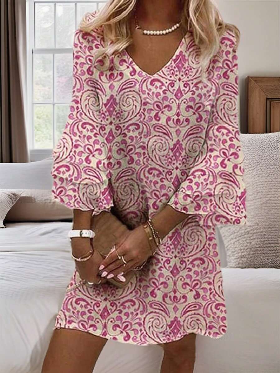 EMERY ROSE Women Fashionable Printed Ruffle Sleeve V-Neck Dress