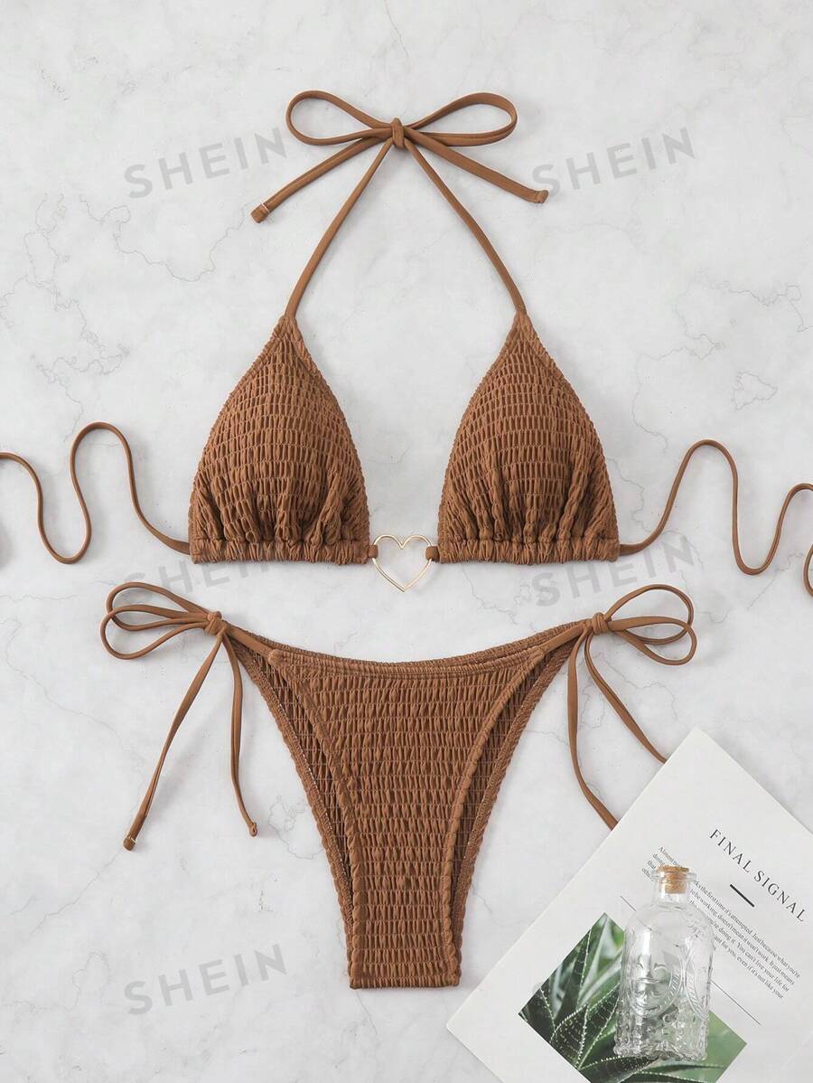 SHEIN Swim Conjunto de bikini sexy para mujer con cuello halter y lazo de unicolor para la playa en verano