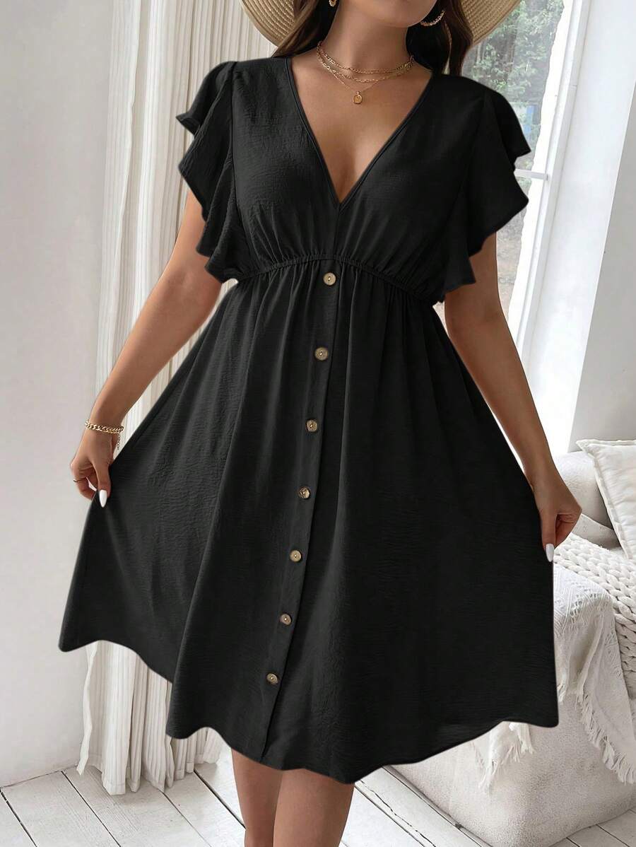 Flirla Plus Size Solid Color Buttoned V-Neck Dress With Ruffle Hem