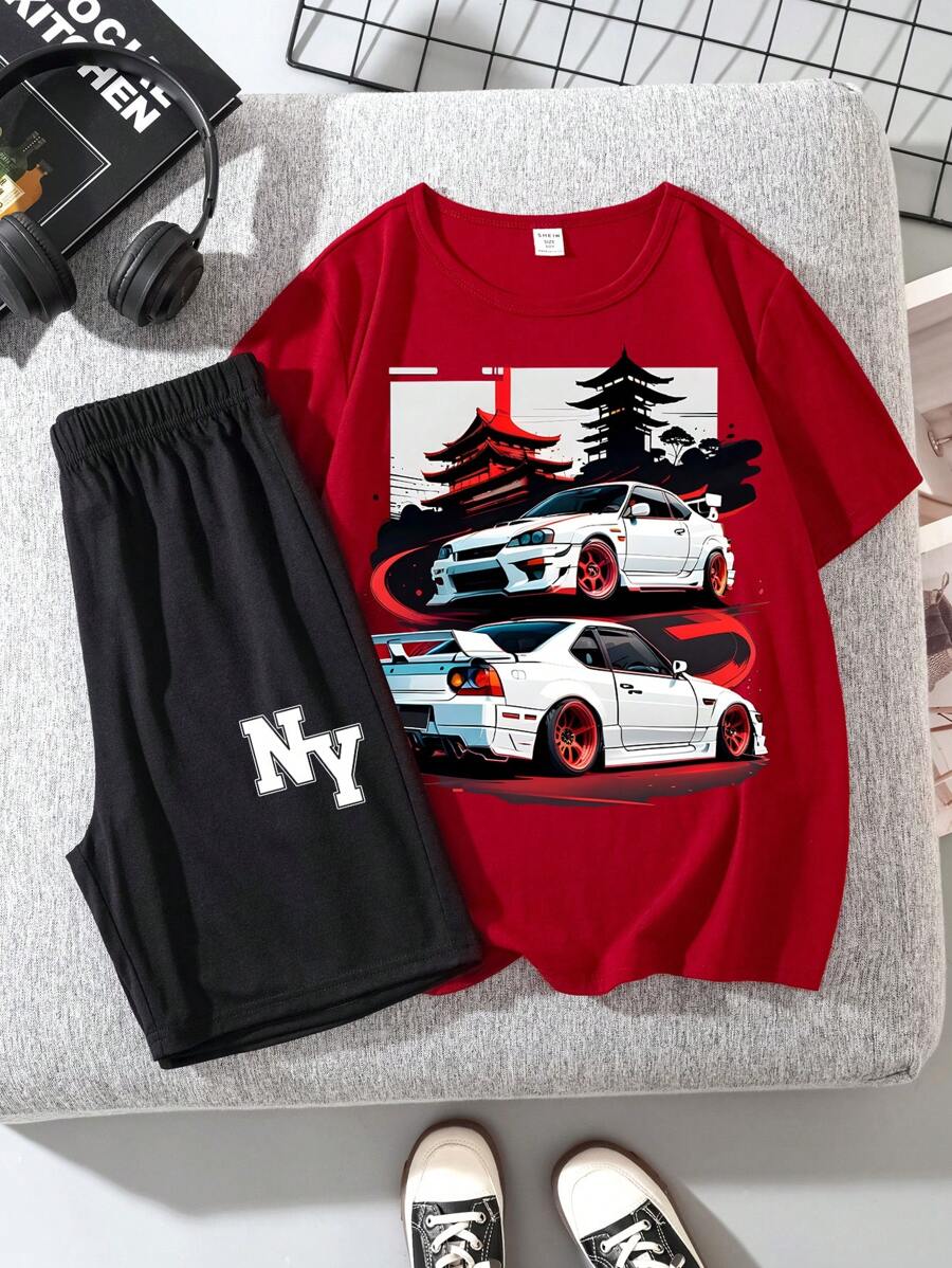 Ensemble de 2 pièces T-shirt et short décontracté pour garçon avec impression de voiture de course en dessin animé et col rond à manches courtes, adapté pour l'été
