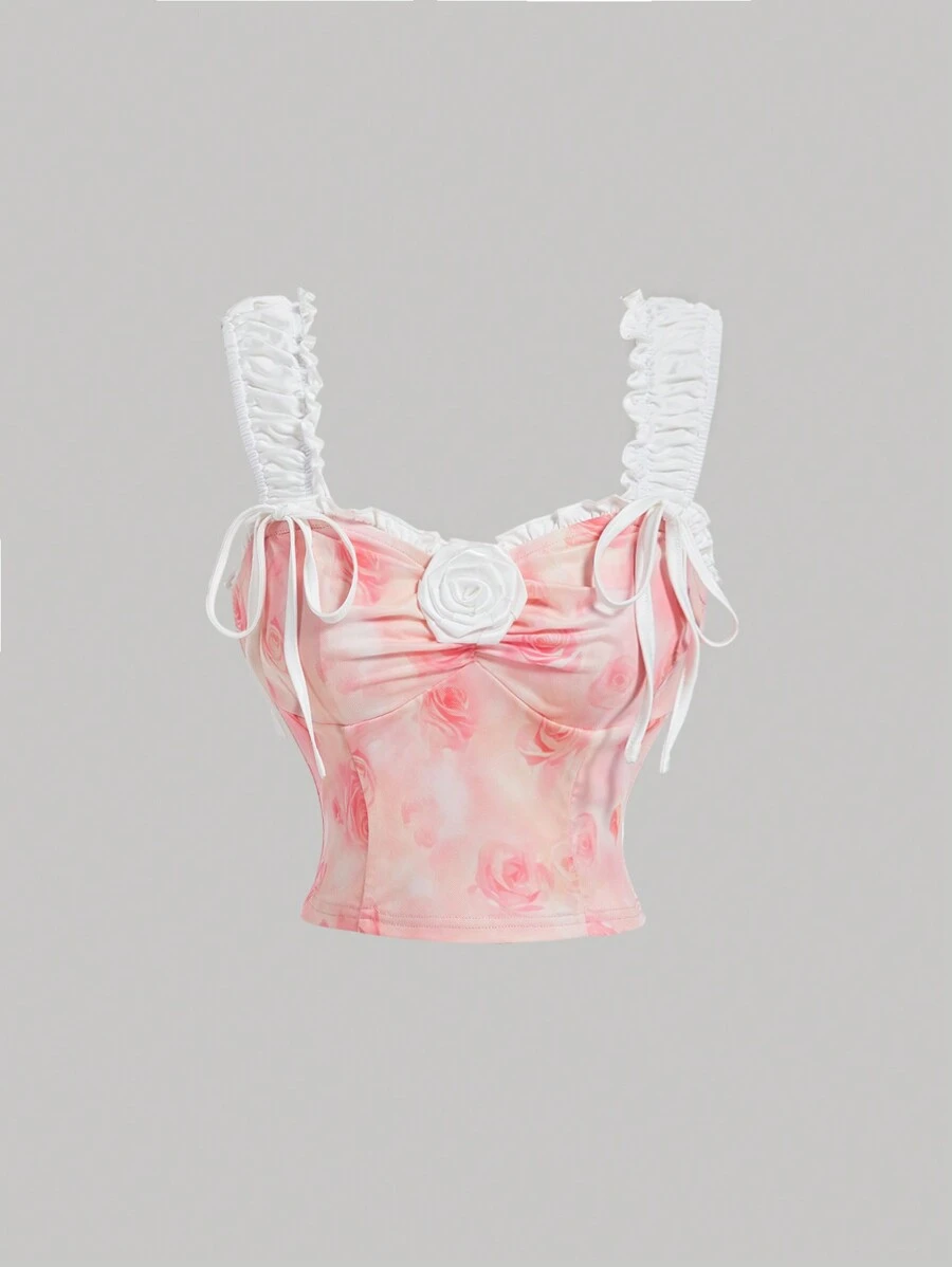 SHEIN MOD Country Music Festival Clothing Floral Decoration Waist Cinched Tie-Dye Flower Print Color Block Tank Top,Cute Summer Shirts, Pink Tanks Women