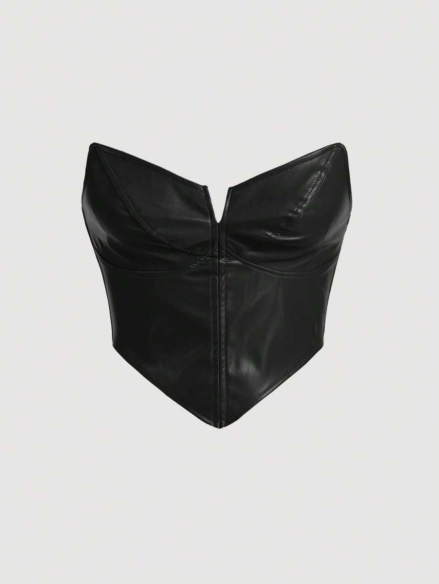 SHEIN MOD لباس علوي بدون حمالات موحدة اللون جلد صناعي هافة باندانا