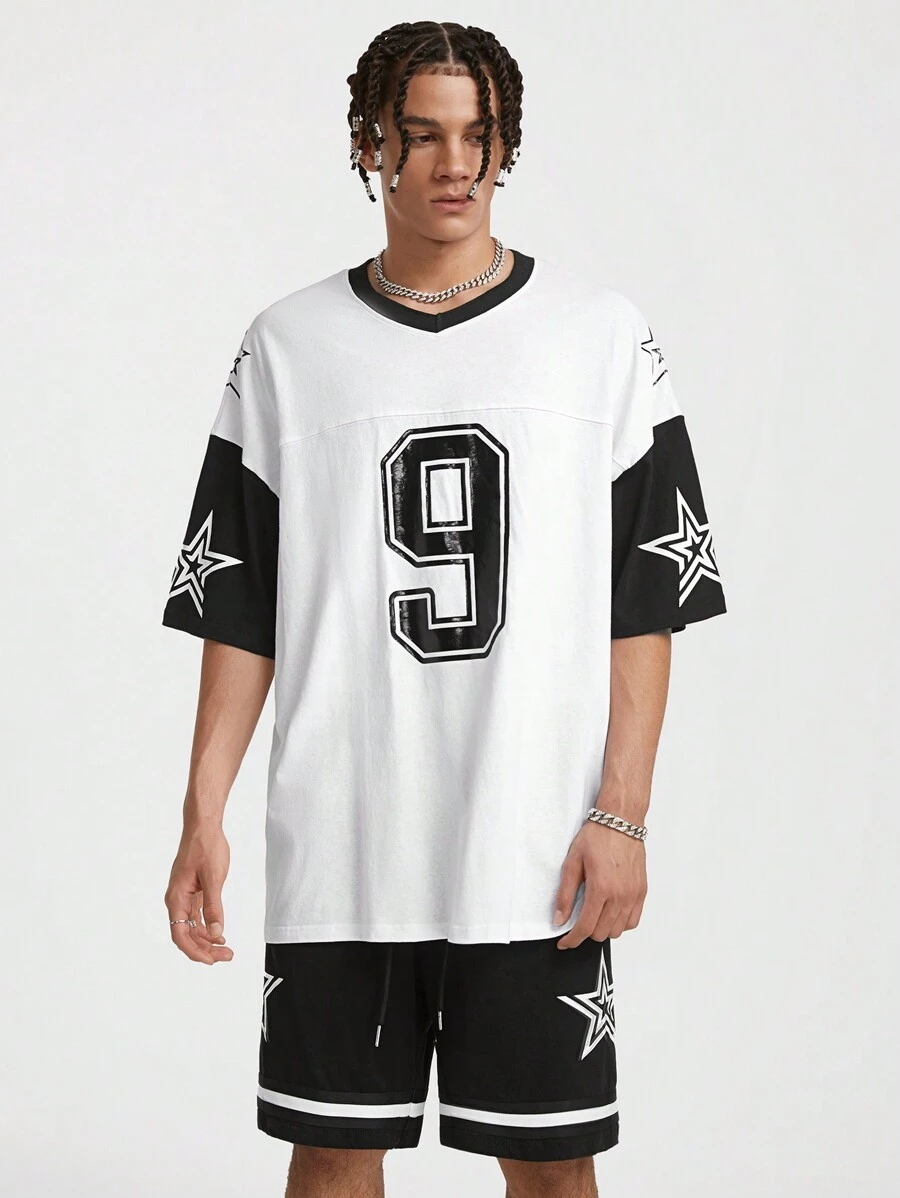 Manfinity VCAY Men's 2pcs/Set Glossy Printing Loose Knitted Short Sleeve T-Shirt Outfit With Numbers