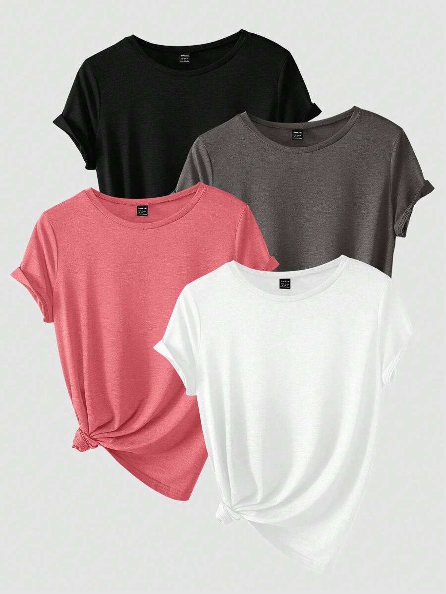 SHEIN LUNE Conjunto de 4 Camisetas casuales de manga corta con cuello redondo para mujer, lisas y de verano