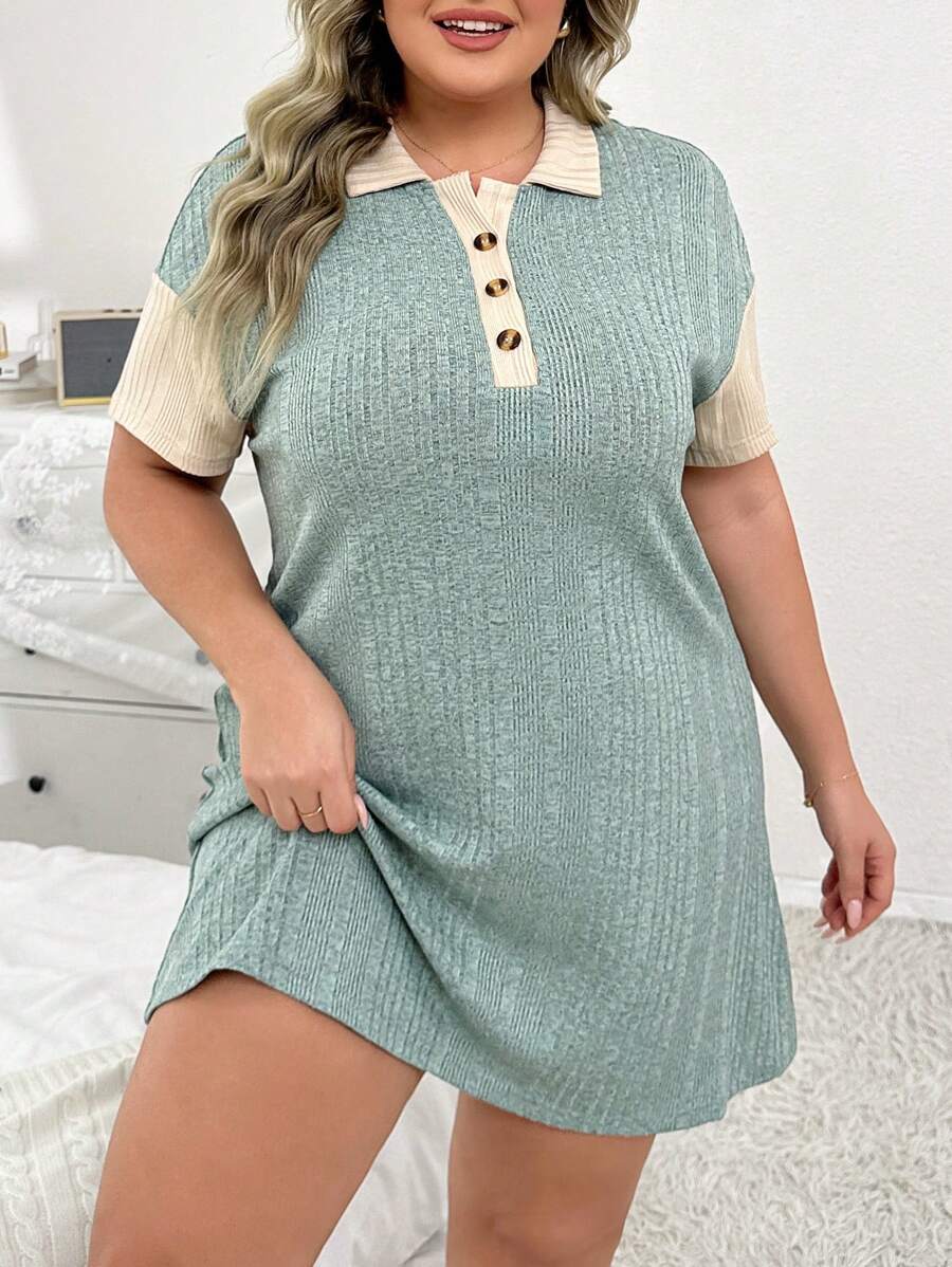 Große Größen Farbblockhemd-Schlafkleid mit halbem Kragen und Flaum