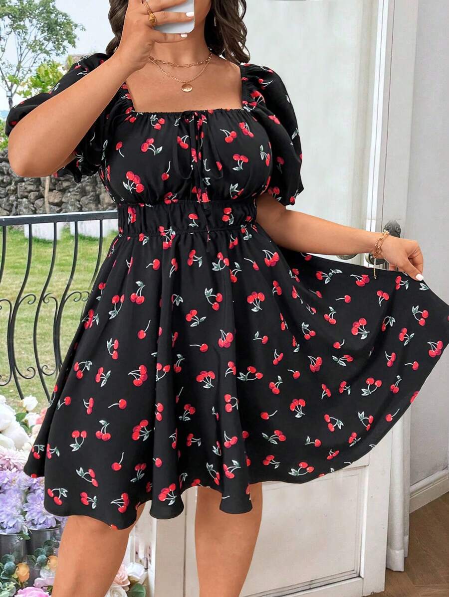 Franclia Cherry Print Puff Sleeve Square Neck Plus Size Boho Knee-Length Dress With Cinched Waist, For Summer