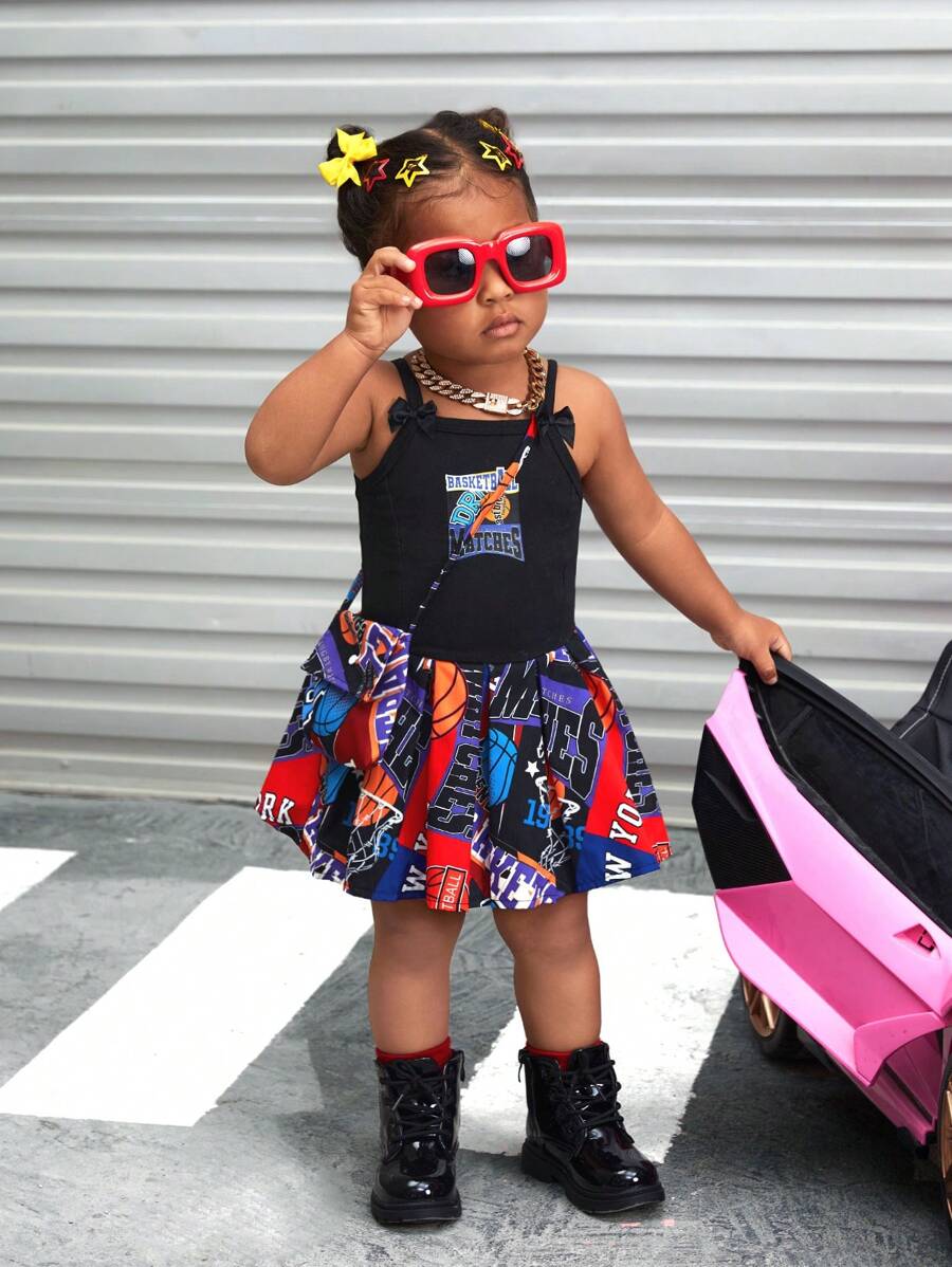 SHEIN New Fashionable Summer Baby Girls' Digital-Printed Knit Dress With Patchwork, Woven Patterns And Matching Accessories