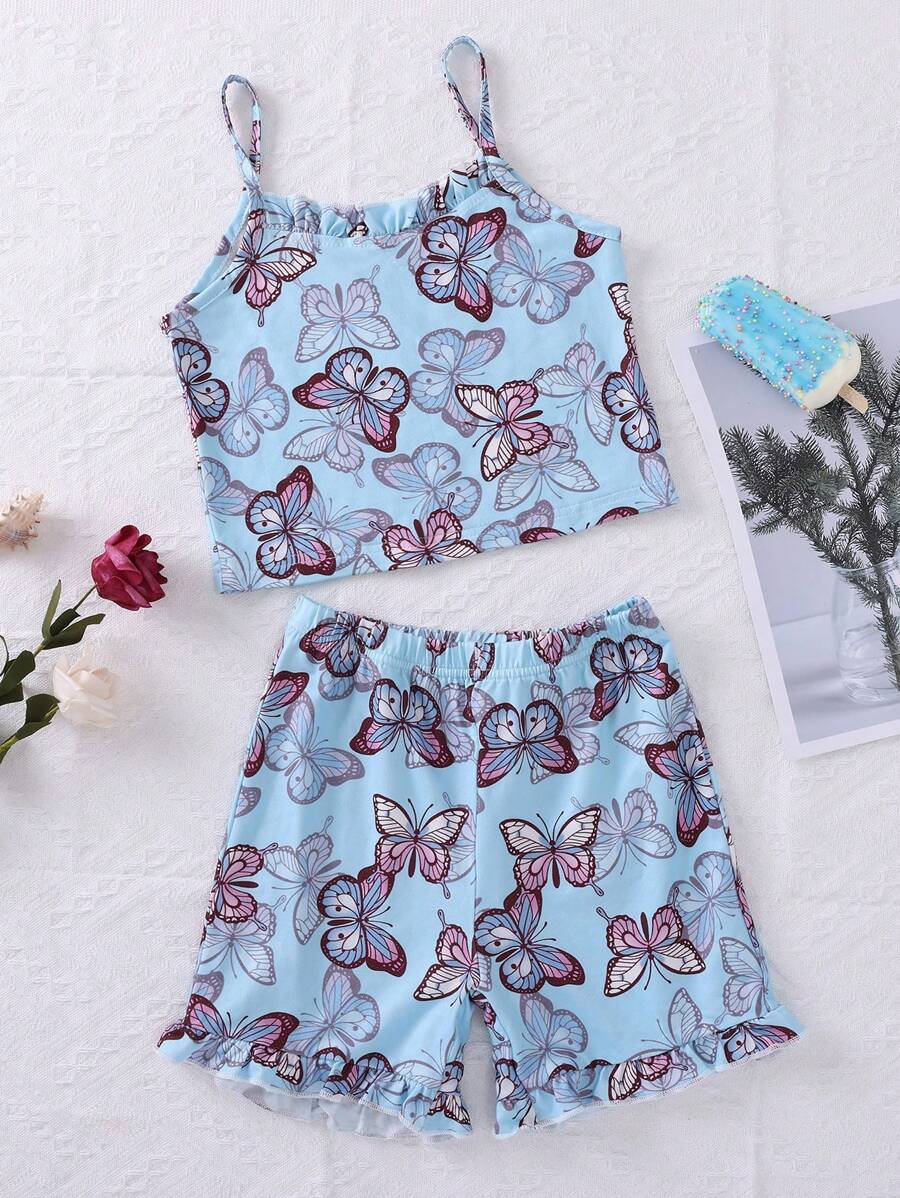 Regata com Estampa Total de Borboleta Azul para Menina Jovem com Shorts, Conjunto Casual para Casa com 2 peças