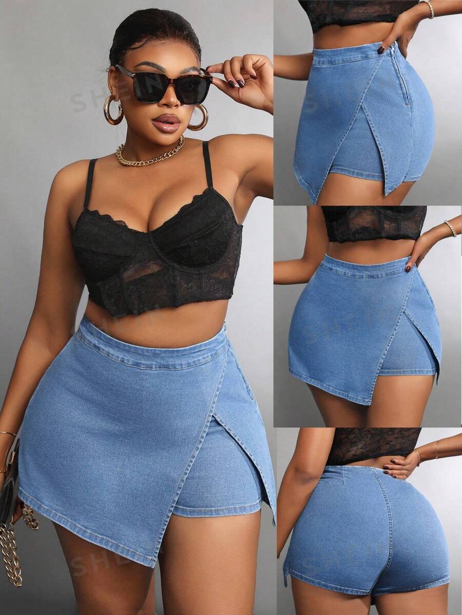 SHEIN SXY Shorts vaqueros casuales lisos para mujer de talla grande para uso diario