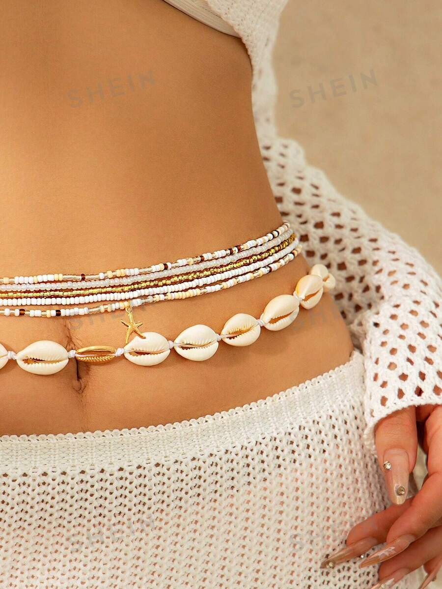 ROMWE Fairycore Conjunto De Cadena De Cintura Bohemia Con Cuentas De Concha Colgante De Estrella De Mar Estilo Océano De Moda De 6 Piezas