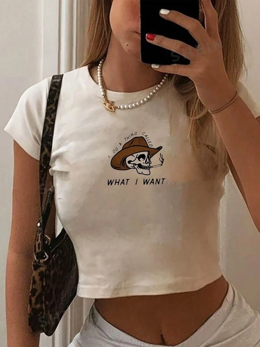 INAWLY Women's Summer Casual Short Sleeve Round Neck Tee With Slogan And Skull Print
