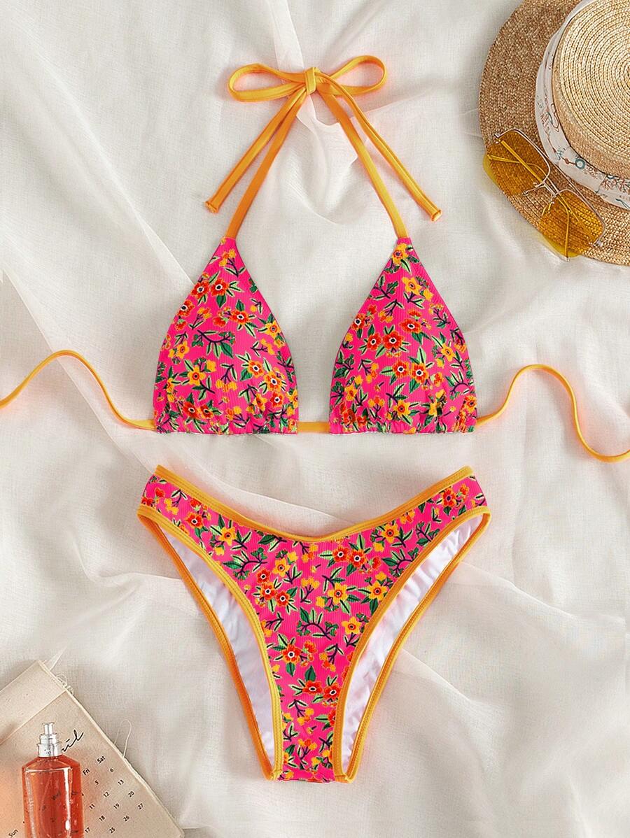 SHEIN Swim Conjunto de bikini sexy de mujer con arnés de flores pequeñas para playa de verano